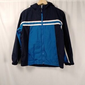 LL Bean Kids Hooded Windbreaker Rain Jacket Full Zip Blue Navy Striped L (14-16)